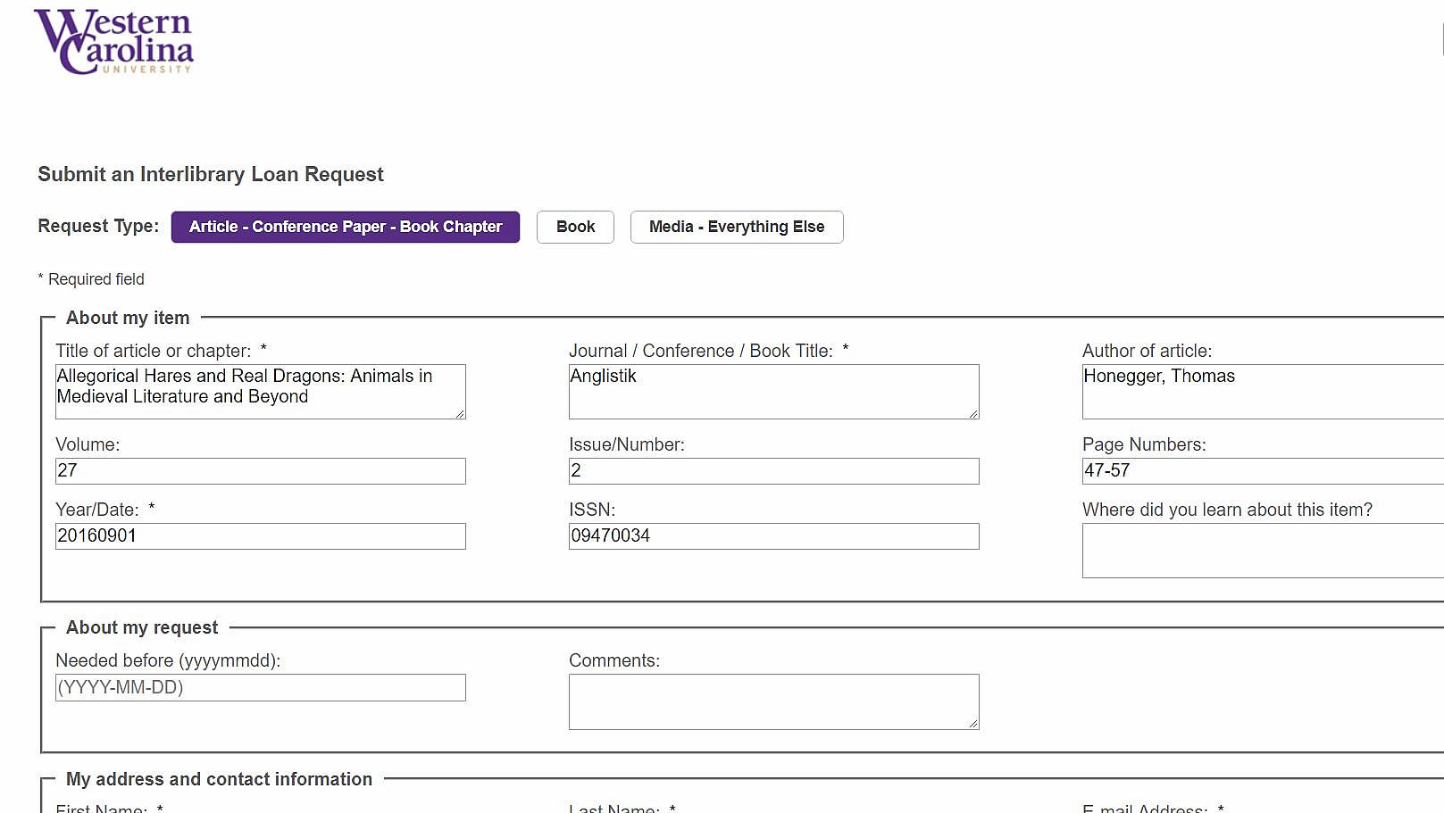 Image of Interlibrary Loan form.